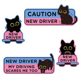 ZIMISI 4PCS Black Cat New Driver Car Magnet, Reflective Reusable Student Driver Magnet, Cute Nervous Kitty Car Sticker Decal, Cartoon Automotive Bumper Safety Sign Accessories