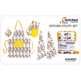 Olivia Rocco Kitchen Sets Apron Double Oven Gloves Towel Set Heat Resistant Oven Mitts Pot Holder for Home Kitchen Baking and Cooking Pack of 5, Leaf Multi