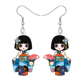 LONYOO Acrylic Cute Japanese Doll Earrings Dangle Drop Kawaii Japanese gifts for Womens Costume Jewelry (Blue)