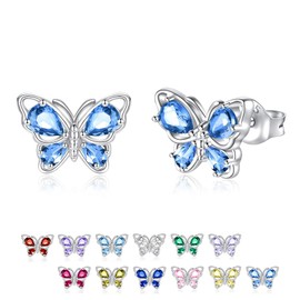 925 Sterling Silver Birthstone Butterfly Stud Earrings Butterfly Jewelry Gifts for Women Wife Girlfriend, Small, Silver, Cubic Zirconia