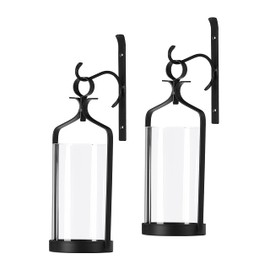 Souliron Hanging Hurricane Glass Wall Sconce Candle Holder Black Metal Wall Decorations Set of 2 HLJ15-291B2