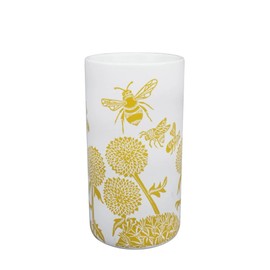 Half Moon Bay Clover Flower Blooms and Bumble Bees - by Kate Heiss - Mustard Yellow/White 6 x 3 Inch Ceramic Stoneware Cylindrical Flower Vase, VAKH01