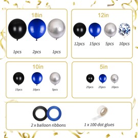 136pcs Blue Black Balloon Garland Kit - 18/12/10/5 Inch Royal Blue, Silver Confetti Balloon Arch Set for New Year, Graduation, Birthday, Father’s Day Decor