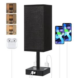 Touch Bedside Table Lamp For Nightstand - 3-Way Dimmable Night Lamp with USB A + Type C Charging Ports and two AC Outlets, Small Desk Light with E26 LED Bulb for Bedroom Living Room Dorm Office,BLACK
