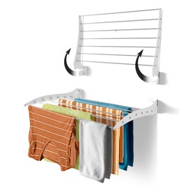 Step Up Laundry Drying Rack, Wall Mounted, Foldable Clothes Drying Rack, 45lbs Capacity, 20 Linear Ft, Comes with Wall Template (White - 34")