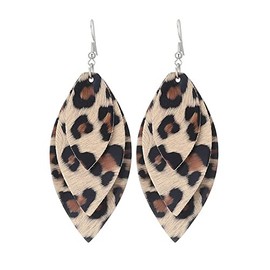 COLORFUL BLING Lightweight Petal Leather Earrings Three Layered Teardrop Dangle Leaf Shape Leopard Pattern Earrings-yellow