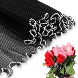 1 PCS 4 Yards Flower Wrapping Mesh Paper Pearl Mesh for Bouquets Pearl Edge Bouquet Wrapping Korean Bouquet Pearls Wrinkled Wavy Net Yarn Flower Paper for DIY Crafts Wedding Florist Supplies (Black)
