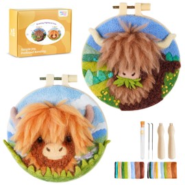 Needle Felting Kit,Embroidery kit for Beginners,Punch Needle Kits Adults Beginner,Punch Needle kit for Beginners, Includes All Tools and Materials,Easy to Follow Instructions and Videos(Highland Cow)