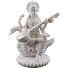Top Collection 8" H 7" W Saraswati on Swan Statue in White Marble Finish - Hindu Goddess of Knowledge Sculpture