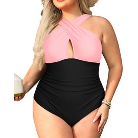 Daci Womens Front Cross Plus Size One Piece Swimsuits Tummy Control Keyhole Bathing Suits Swimwear, Pink Black, 22 Plus