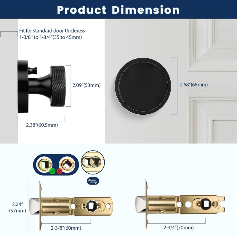 Orger Matte Black Privacy Door Knobs Interior, Zinc Alloy Keyless