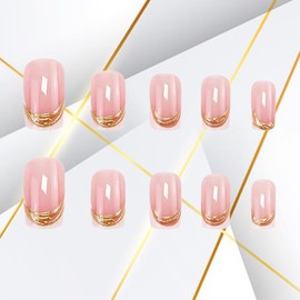 24Pcs French Tip Press on Nails Medium Square Fake Nails White French Nail Tips 3D Gold Nails Press ons Glossy Nude Acrylic Nails Full Cover False Nails Gel Glue on Nails for Women