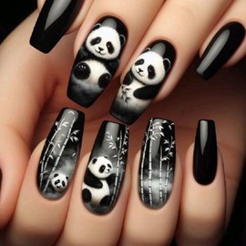 Panda Press on Nails Long Coffin Fake Nails with Bamboo Design Black Glue on Nails Gradient False Nails Ombre Spring Nails Press ons for Women Girls Manicure 24pcs