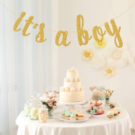 WeBenison It's a Boy Banner for Baby Shower/Welcome Baby Boy 1st Birthday / 6 Months Birthday/Gender Reveal Party Decoration Supplies Gold Glitter