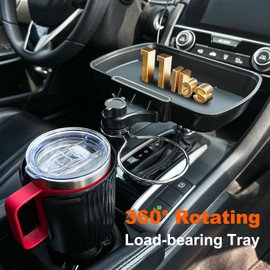 Aucurwen Cup Holder Tray for Car, 360° Rotating Car Tray, Car Food Table Tray for Eating with Solid Base & Phone Slot, Car Cup Holder Expander for Road Trip Essentials for Adults, ATCT-8