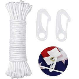 Flag Rope Flagpole Rope, 15 m Flag Rope Halyard with 2 Flag Hooks, Weatherproof Tear-Resistant Climbing Rope, Braided Nylon Cord, for Flagpole, Sailing Boat, Garden, Nylon Flagpole Clip, Carabiner