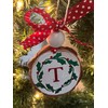 Rustic Initial Monogram"T" Holly Wood Slice Ornament