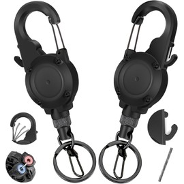 FINNECT Carabiner Pin On Reel with Blade Snap Carabiner Reel Key Reel Key Reel Telescopic Length 65cm for Camping Outdoor Fishing Key Chain Stretchable Durable Anti-lost Black Set of 2