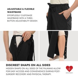 Inspired Comforts Women Tearaway Post Surgery Recovery Pajama Pants with Side Snaps & Pockets | L, Black