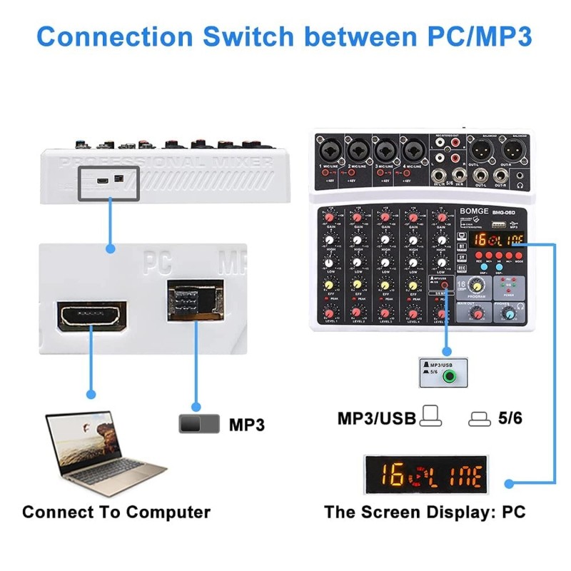 BOMGE 6 Channel Audio Sound Mixer - Professional Digital DJ