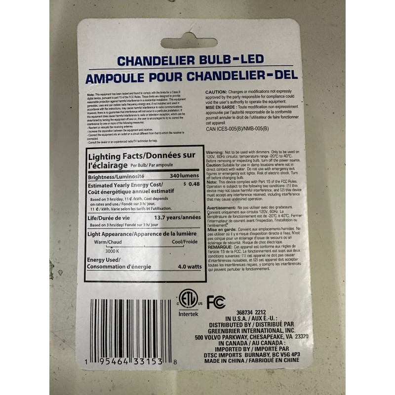 Intertek 4 Watt (40W) LED B10 Chandelier 3000K 340 Candelabra