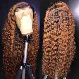 SISIFIRE Deep Wave Lace Front Wigs Ombre Auburn Brown with Black Roots Glueless Wigs Pre-plucked Synthetic Water Wave Frontal Wig with Baby Hair