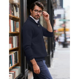 QOSOQ Men's Shawl Collar Sweaters Long Sleeve Button Turtleneck Sweater Textured Waffle Pullover Dark Blue