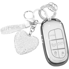 FT FUNTOR for Jeep Key Fob Cover,5 Buttons TPU for Dodge Key Fob Cover with Silver Edge,Compatible with Jeep Grand Cherokee Compass Renegade Dodge Charger Dart Durango Journey RAM Chrysler (B-White)
