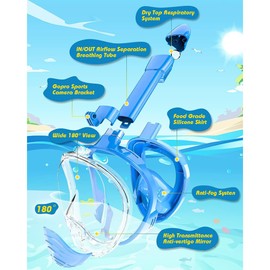 UONNO Kids Snorkel Mask Full Face,Snorkeling Gear with Camera Mount 180 Degree Panoramic View Detachable Snorkeling Set (Blue+Pink)
