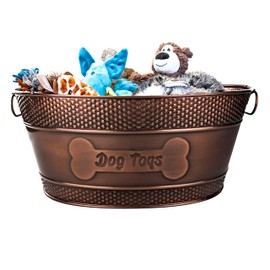 BREKX Indestructible Metal Dog Toy Bin - Copper Galvanized Storage Bin with Handles, Pet Storage Organizer - Ropes, Blankets, & Leashes, Bone Design Pet Toy Box (15-Quart)