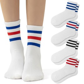 4 pares de calcetines de tubo de rayas retro clásicos atléticos deportivos para mujer, calcetines casuales de algodón, unisex, Calcetines tobilleros retro, paquete de 4, One Size