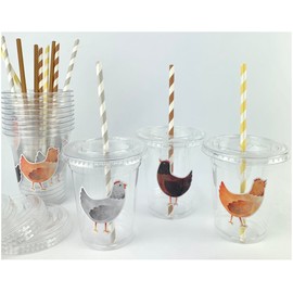 Farmhouse Chicken Party Cups with Lids and Straws, 12 oz, Set of 12, Brown and Gray Hen Design