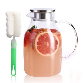 Kanwone 75oz Glass Pitcher with Stainless Steel Lid and Spout, Heat Resistant Borosilicate Glass Water Carafe for Sun Tea, Lemonade, Homemade Juice, Milk or Hot Beverages