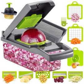 Cortador de Verduras 12 en 1, Picador de Verduras Multifuncional Mandoline Rayadores para Cocina con 6 Cuchillas de Acero Inoxidable y Contenedor, Ide