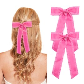 2PCS Hair Bows for Women Girls, Hot Pink Bow for Hair Slides Metal Clips Cute Ruffled Edge Satin Ribbon Accessories for Toddlers Teens Kids