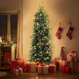 6.5 Ft by 38" Prelit Slim Fraser Fir Christmas Tree with 300 Warm White & Colorful Change Lights Timer,984 Thick Branch Tips,8 Mode,Metal Stand,Hinged Tree Christmas Decoration Xmas Holiday