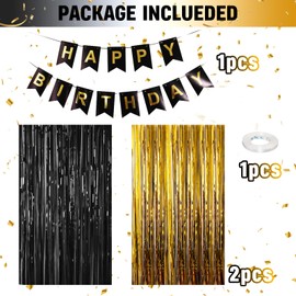 Black Gold Birthday Decorations, 2PCS Tinsel Foil Curtains Door Streamers Party Backdrop Background, BlackGold Happy Birthday Banner Bunting with Foil Fringe Curtain for Birthday Party Decorations