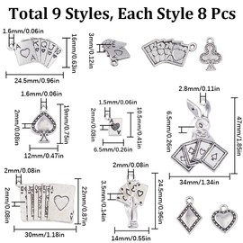 SUNNYCLUE 72Pcs 9 Styles Small Poker Card Charms Silver Ace Playing Card Charm Bulk Tibetan Alloy Heart King Shape Charm for jewellery Making Charms Supplies Keychain Dangle Earring Necklace DIY Craft