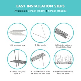 EVOGES 316 Stainless Steel Bird Spikes for Pigeons & Seagulls – 3/6 Pack (Each 250mm x 28mm, 30 Spikes per Strip) Anti-Climb Deterrent for Fences, Windows, Roofs & Ledges (6-Pack (150cm))