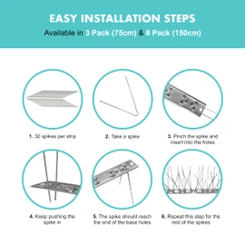 EVOGES 316 Stainless Steel Bird Spikes for Pigeons & Seagulls – 3/6 Pack (Each 250mm x 28mm, 30 Spikes per Strip) Anti-Climb Deterrent for Fences, Windows, Roofs & Ledges (6-Pack (150cm))