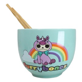 Ebros Gift Furrybones Uni Rainbow Unicorn Skeleton Teal Blue Porcelain Bowl With Bamboo Chopsticks Set For Salad Ramen Pho Soup Cereal Home Kitchen Decorative Bowl