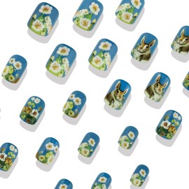 Spring Flower Press on Nails Easter Day Fake Nails Short Square Glossy Finish Acrylic Nails with Rabbit Flowers Designs Cute Stick on Nails Easter Artificial False Nails Kit for Women Manicure 24Pcs