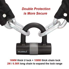 KILAKILA Security Chain Lock Heavy Duty Bike Lock 12mm Chain Bicycle Lock Motorbike Lock Disc Lock with 16mm U Lock (2.0M / 6.56-Feet)