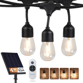 Brightech Ambience Pro Super Bright Solar - 48 Ft Remote Control Outdoor String Lights with Shatterproof Commercial Grade LED S14 Edison Bulbs, Waterproof Patio Light for Deck, 4W Soft White, 15 Bulbs