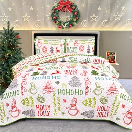 FRAMICS Christmas Quilt Queen Size 3 Pieces Snowman Christmas Tree Quilt Sets - Ultrasonic Quilting Technology Colorful Bedspread with 2 Pillow Shams Holiday Merry Christmas Bedding Set, 90" x 90"