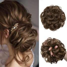 JJstar Hairpiece with Elastic Band, Large Bun Hairpiece, Curly Hair Scrunchie with Hair Updo Hair Extensions, Messy Bun Hairpieces for Women, Girls, Ponytail (Medium Ash Brown)