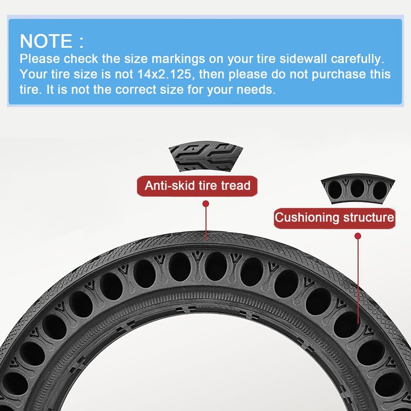 Bicycle Solid Tire 14x2.125, Rubber Airless Honeycomb Tires, 14 Inch