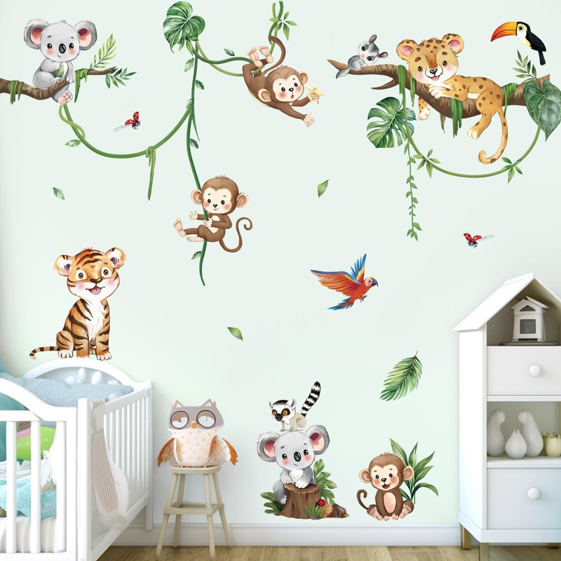 decalmile Jungle Animal Tree Branch Wall Decals Safari Animal Monkey