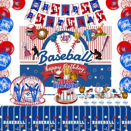 127 Pieces of Baseball Party Decorations, Baseball Birthday Party Decorations with Baseball Backdrops, Tablecloths, Birthday Banners, Baseball Plates and Cutlery 20 Person Supplies