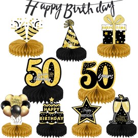 9 Pieces Birthday Honeycomb Centerpieces, 50th Birthday Centerpieces Black Gold Happy Birthday Banner for Birthday Party Table Decoration, Table Centerpieces for Men Woman Birthday Party Decoration